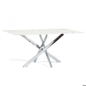 Table rectangulaire dint&eacute;rieur Morgan 160x90 cm avec plateau en verre tremp&eacute; et pieds en m&eacute;tal (Marbre blanc Argent)