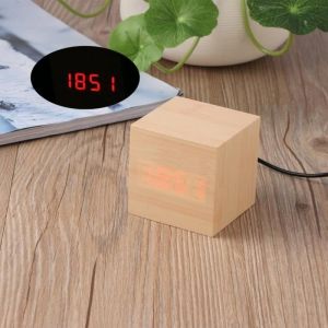LED  Réveil Numérique en Bois - Horloge Digital Cube - Thermomètre Date Affichage Tactile Activé