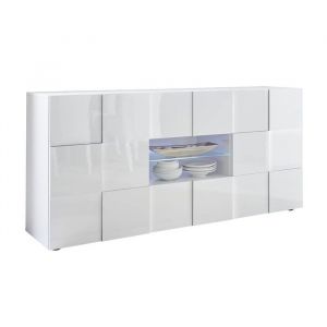 REBECCA - Buffet 2 Portes 2 Tiroirs Finition Blanc Laqu&eacute; Weiss Relief Damiers et Leds