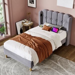 Merax Lit Simple 90x200 cm en Lin Gris avec T&ecirc;te Capitonn&eacute;e et Ports USB-C Lit Rembourr&eacute; Moderne pour Chambre et Studio