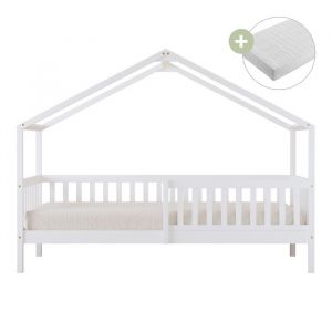 Sunny Kae Lit Cabane avec Barri&egrave;re de S&eacute;curit&eacute; Blanc  Lit Cabane au Sol - Matelas hybride 90 x 200 inclus (14 cm mousse hybride