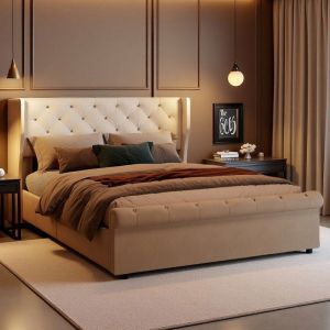 Lit Double 160x200 avec Sommier  Grand Rangement Hydraulique  Tête de Lit Velours Cloutée  Chargeur UE  Design  Moderne