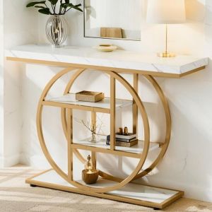 Table Console dorée - 105 x 30 x 80 cm - Moderne - Étagère de rangement - pour entrée Couloir entrée Salon (Blanc/Doré)