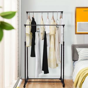 QUIIENCLEE-Séchoir à linge à deux étages élévateur télescopique noir et argent tringle de séchage séchoir à linge