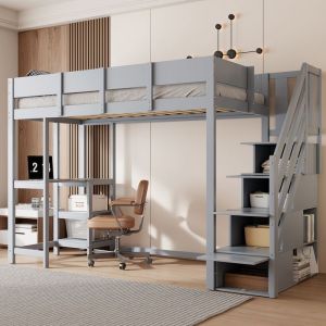 OKWISH Lit mezzanine enfant 90x200 cm avec escalier de rangement bureau et &eacute;tag&egrave;re sommier inclus en bois gris sans matelas