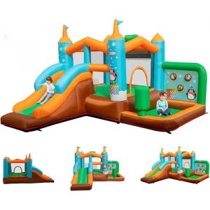 GOPLUS Château Gonflable 6 en 1 pour Enfants avec Toboggan Trampoline etc.3 Enfants 3-12Ans Jusqu’à 90kg (Pingouin sans