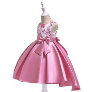 Robe de C&eacute;r&eacute;monie Princesse Fille Imprim&eacute; en Tulle Robe de Mariage Mi-longue Sans Manches Avec Ceinture Noeud Papillon - Rose
