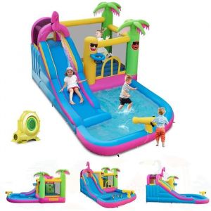 GOPLUS Château Gonflable Flamant avec SouffleurTrampolinePiscineTobogganetcAire de Jeux Gonflable pour 3 Enfants 3-10 Ans