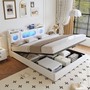 Lit Coffre 160 x 200 CM Lit Double avec Sommier Rangement dans la T&ecirc;te de Lit Capitonn&eacute; LED et Multiprise Lit 160x200 Blanc