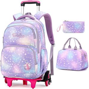 3pcs Sac à Dos Roulette Primaire Fille Cartable Scolaire à roulettes Fille Trolley Bag Enfant Sac Roulette Fille Ecolier Violet