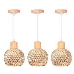 iDEGU 3pcs Rétro Suspension Luminaire en Bambou et Bois Vintage Lampe 13cm Mini Abat-jour à Boule Rotin Vintage Lustre Style Bohème