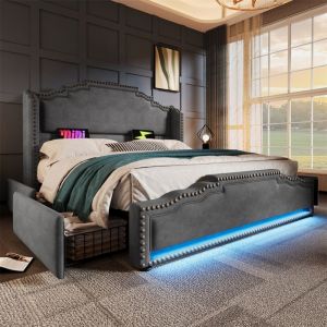 Lit coffre 140×200 Lit rembourré lit double avec 4 tiroirs lit de rangement et lit pour adolescent  Gris