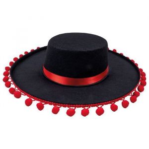 chapeau pour deguisement espagnol mexicain (noir &agrave; pompons rouge)
