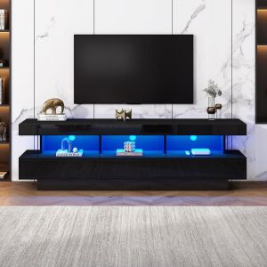 meuble t&eacute;l&eacute; noir brillant 160*38*505 cm avec 3 &eacute;tag&egrave;res en verre meuble t&eacute;l&eacute; blanc avec &eacute;clairage LED meuble salon moderne