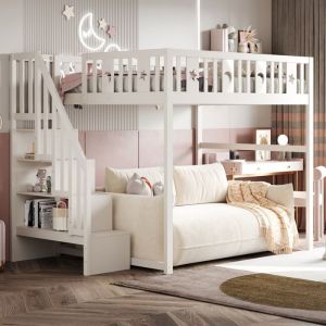 Lit mezzanine enfant 140x200cm Lit adulte en bois massif avec barrière escalier de rangement et sommiers à lattes - blanc