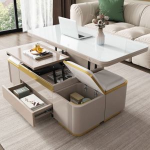 Table basse relevable extensible pliante 3 en 1 convertible en table à manger avec rangements 4 tabourets coffre gain de place