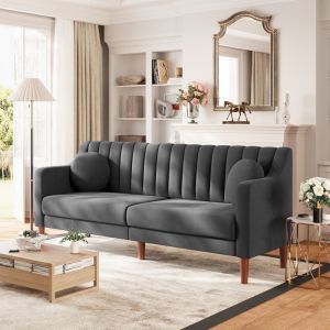 Grand Canap&eacute; 3 Places en Velours avec 2 oreillersPieds Bois MassifCanap&eacute; Scandinave Moderne Gris pour Salon Bureau 206x74x83cm