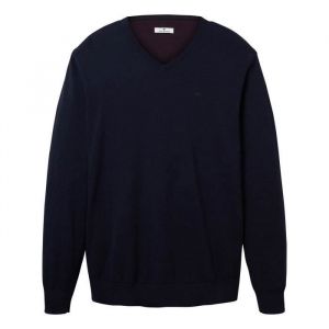 Pull - TOM TAILOR - Col V - 100% Coton - Bleu marine - Homme