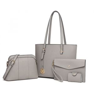 Miss Lulu Ensemble de 4pcs Sac &agrave; Main Femme Grand Sac Femme Sac &agrave; Bandouli&egrave;re Femme Sac &agrave; Bracelet Carte Poche en Cuir Gris