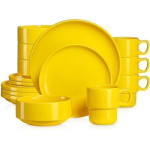 LOVECASA S&eacute;rie SWEET KDS-4 Service Complet de Table 16 pi&egrave;ces bord deboutempilableen porcelaine pour 4 Personnes - Jaune