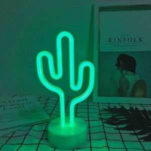 Cactus n&eacute;on Light avec base Veilleuses LED Cactus Lampes dambiance Vert Signes Batterie Op&eacute;ration Luminaires int&eacute;rieur d&eacute;coration