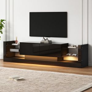 Meuble TV LED Moderne 181 cm avec 2 Tiroirs Rabattables de Rangement et &Eacute;tag&egrave;res en Verre - pour T&eacute;l&eacute; Jusqu&agrave; 80 - Brillant - Noir