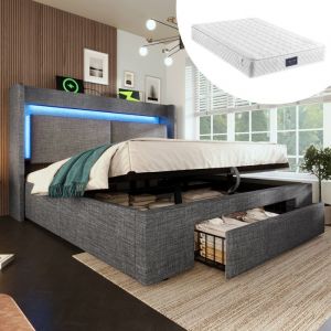 Lit Coffre 160x200 cm - Lit Double Rembourr&eacute; avec LED et USB Niche de Rangement Matelas Inclus en Lin Bois M&eacute;tal Gris