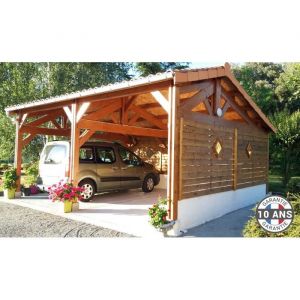 Carport Bois Douglas Fran&ccedil;ais 75 m&sup2; &ndash; 2 pentes faitage d&eacute;cal&eacute; &ndash; 6 poteaux &ndash; Abri voiture ext&eacute;rieur &ndash; Garantie 10 ans