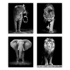 Art Mural Photo dAnimaux Sauvages Africains en Noir et Blanc Tigre Lion &Eacute;l&eacute;phant L&eacute;opard Impression Affiches 20x30cm Sans Cadre