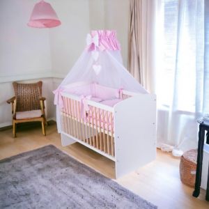 Kmbaby Lit Bébé 120 x 60 cm avec parure de lit 10 pièces gris matelas sommier à lattes 3 niveaux hauteur - Bois Gris Rose