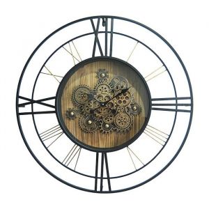 Horloge murale d&eacute;corative ronde et creuse avec engrenages dor&eacute;s m&eacute;tal et verre d&eacute;coration murale industrielle &eacute;l&eacute;gante 79 cm