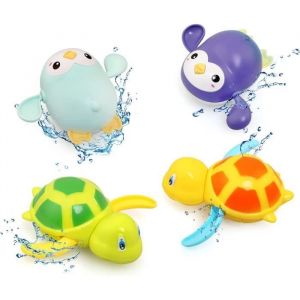 Jouets de Bain Bebe 4 Pi&egrave;ces Tortue Manchot Jeux de Bain pour Bebe Jeux Piscine Enfant pour 1 2 3 4 5 Ans Jouet de Bain Enfant