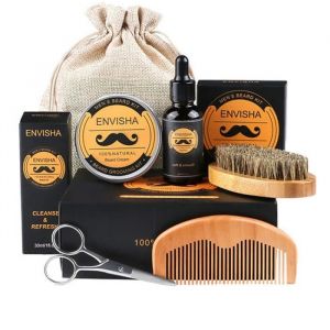 6 Pièces/Set Barbe Kit dentretien Comprend Barbe Baume Brosse Huile Ciseaux Peigne avec Décor pour Hommes Coffret Cadeau