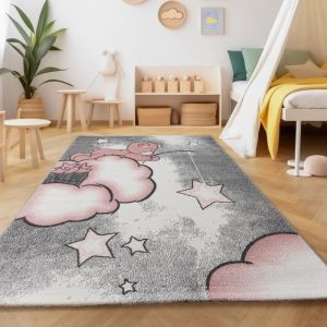 Tapis enfant doux Bear nuage &eacute;toiles motif tapis rectangle rond gris rose blanc [160x230 cm]