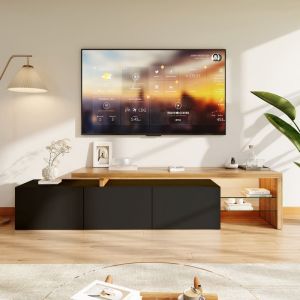 Meuble TV Moderne avec LED Variables Meuble T&eacute;l&eacute; avec 3 Portes et &eacute;tag&egrave;res en Verre Cadre en Bois Table T&eacute;l&eacute; pour Salon Noir