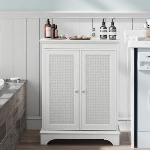 Feuille &eacute;paissie Salle de bain au sol avec espace de rangement armoire de salle de bain blanche avec porte en osier et &eacute;tag&egrave;re r&eacute;