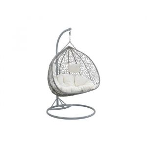 Fauteuil suspendu 2 places  en r&eacute;sine tress&eacute;e - Gris avec coussins blancs - CAYAMBE de MYLIA