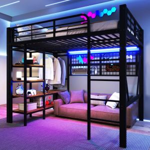 Lit mezzanine en m&eacute;tal - 140x200 cm - Noir - Cadre en fer - &Eacute;tag&egrave;re int&eacute;gr&eacute;e - Filet suspendu - Tringle &agrave; v&ecirc;tements