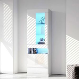 Vitrine armoire brillant 50x40x180cm Vitrine salon bois Meuble de rangement avec Lumi&egrave;re LED multicolore Etag&egrave;res en verre - blanc