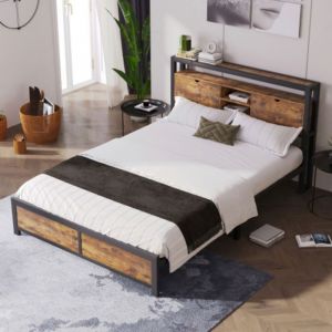 Lit double 140 x 200 cm lit en fer forg&eacute; avec t&ecirc;te de lit coffre et sommier &agrave; lattes - matelas non inclus - coloris bois naturel