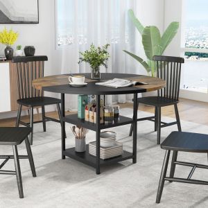 COSTWAY Table à Manger Ronde en Bois de 119 cm pour 4-6 Personnes - Design Bicolore en Blocs 2 Étagères & Pieds Métalliques