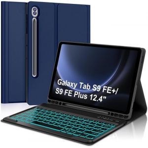Coque Clavier pour Samsung Galaxy Tab S9 FE+/Tab S9+ Plus 12.4 2023 - AZERTY Clavier R&eacute;tro-&eacute;clair&eacute; Magn&eacute;tique Bleu