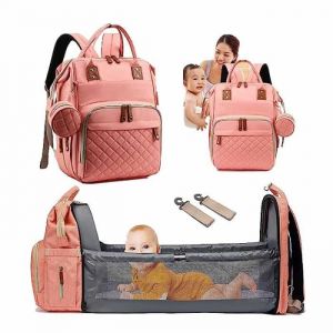 Sac à Dos Pour lit bébé Sac à langer de voyage portable avec lit pliable Grande Capacité Sac Couches Multifonction Imperméable/Rose