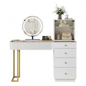 Coiffeuse avec miroir &eacute;clair&eacute; par LED plateau en verre tremp&eacute; transparent 5 tiroirs et 1 armoire 120 x 40 x 120 cm Blanc