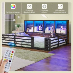 Lit de cl&ocirc;ture 140x200 avec LED lit au sol avec barri&egrave;res de s&eacute;curit&eacute; lit plateforme avec compartiment de