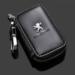 Housse de protection de clé de voiture Porte clés Noir en cuir véritable de voiture Étui clés pour Peugeot