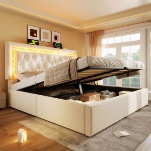 Lit Coffre Hydraulique Luxueux - 160x200 cm - Velours Beige - LED USB et Type-C - Lit Double Large - T&ecirc;te de Lit Capitonn&eacute;e