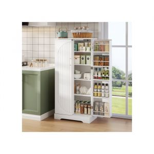 Meuble Cuisine -Buffet Colonne Bas-60&times;35&times;128 cm -Armoire de cuisine avec capteur LED5 Niveaux et 2 Portes &agrave; 12 Etag&egrave;resblanc