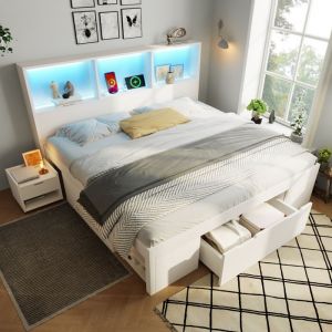 Lit adulte 140x190 cm avec rangement LED et ports USB/Type-C tiroir et chevet mobile bois blanc
