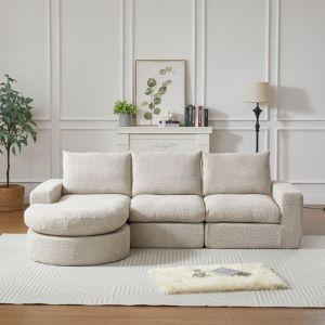 Canap&eacute; Modulaire dAngle L3 PlacesAvec m&eacute;ridienneTissu Chenille DouxRelax et Repos avec Coussin de NuqueBeige